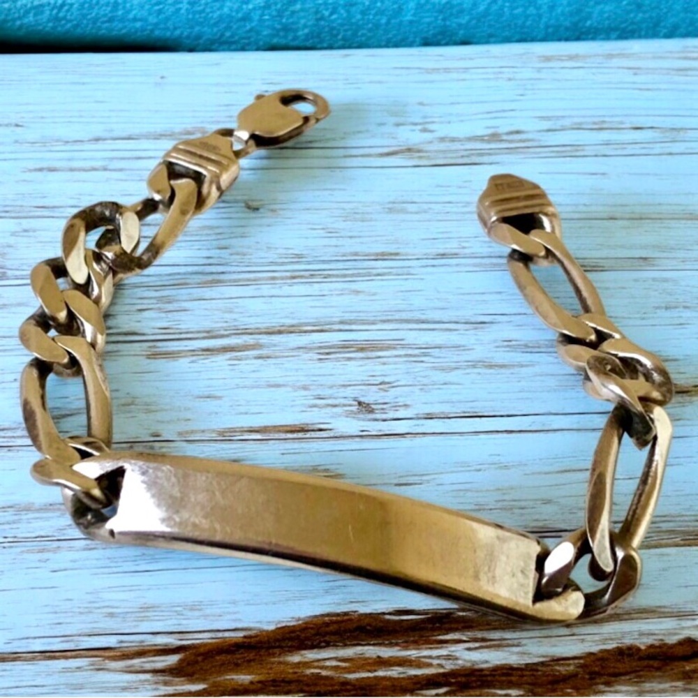Vintage Italy Sterling Silver ID Figaro Link Chain 8" Bracelet 29 grams